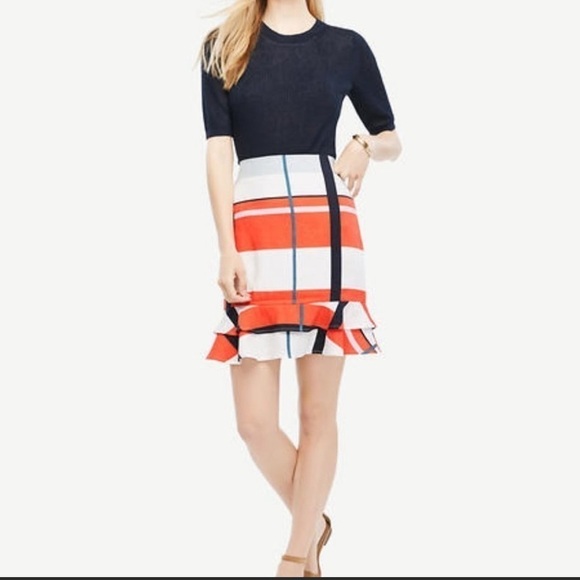 Ann Taylor Picnic Striped Linen Skirt w/Flounce Hem Ivory & Red Orange Sz 8 - Picture 2 of 12